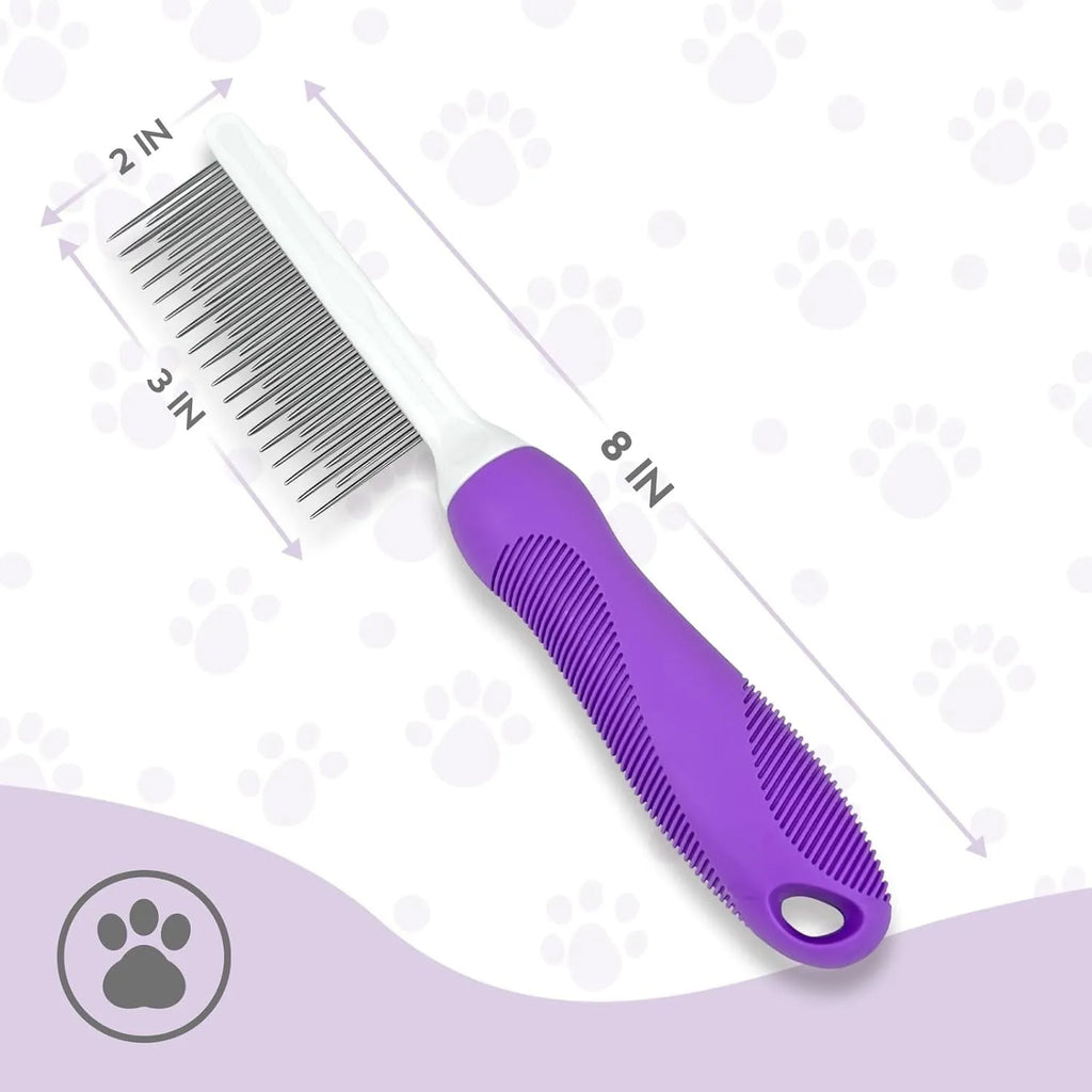 Purple pet detangling comb with stainless steel teeth and ergonomic handle on white background.
