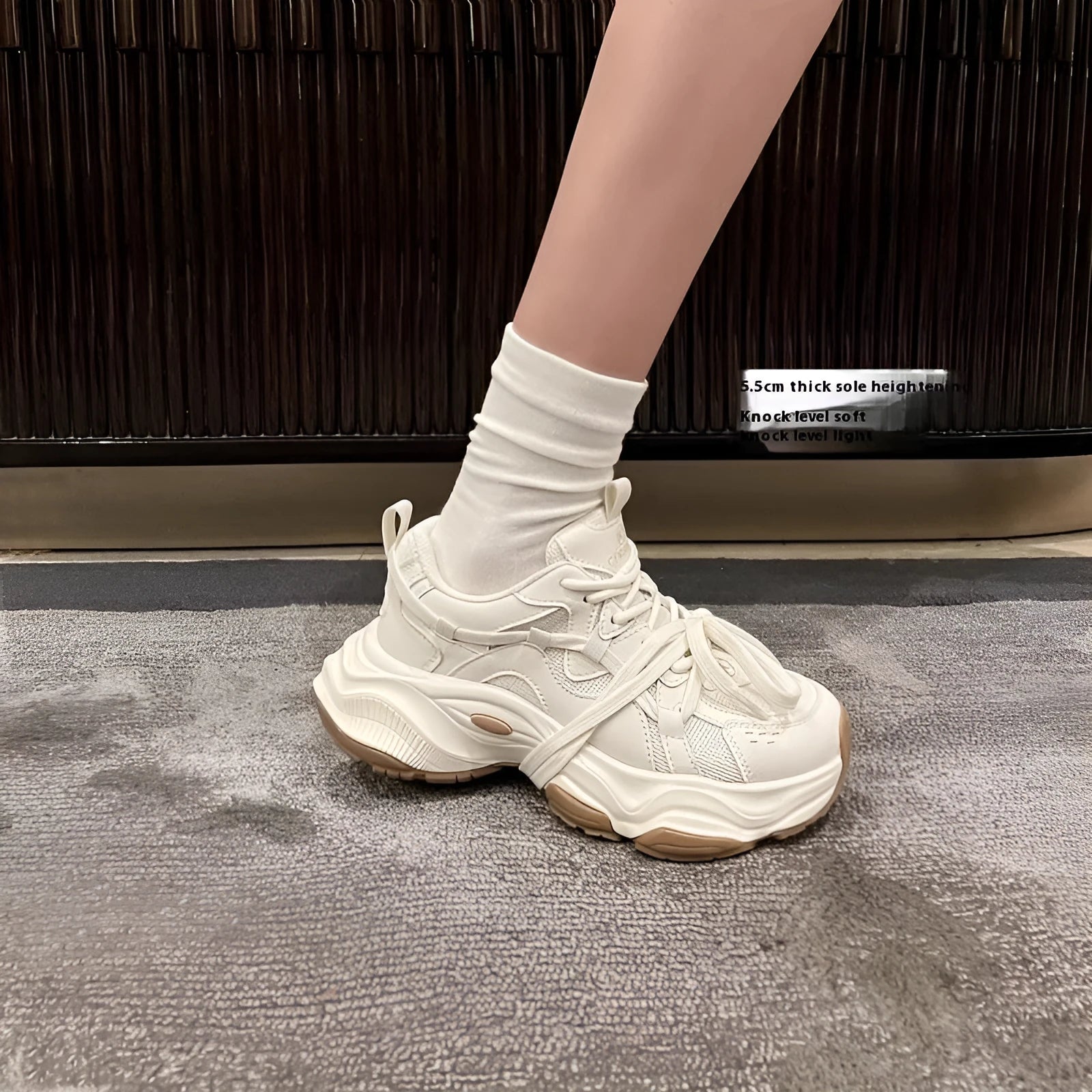 Women's milky white beige platform sneakers with dad shoe silhouette and round toe