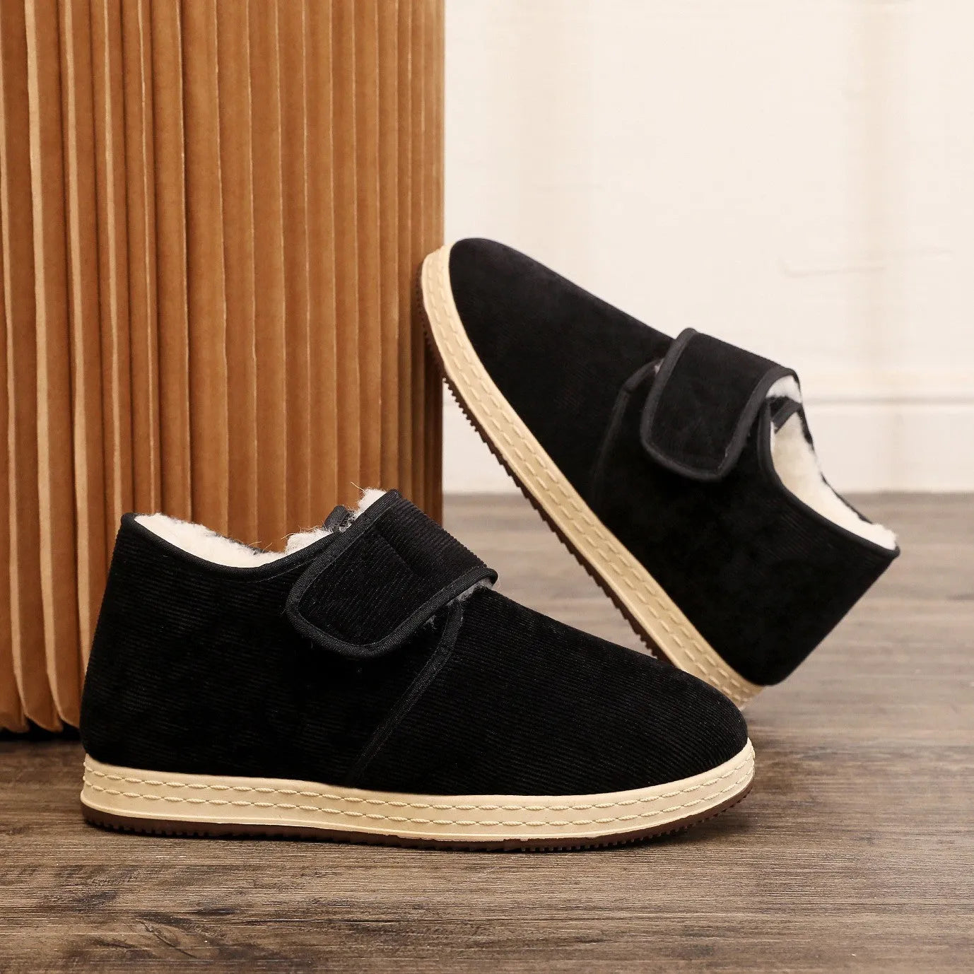 Soft soled velvet thick cotton winter shoes in black with buckle fastening, size 38 to 45