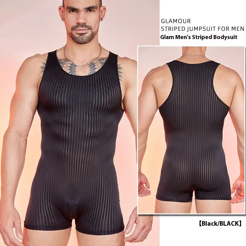 Men's striped nylon jumpsuit in black, dark grey, or white, showing vertical bar pattern.