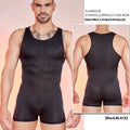 Men's striped nylon jumpsuit in black, dark grey, or white, showing vertical bar pattern.