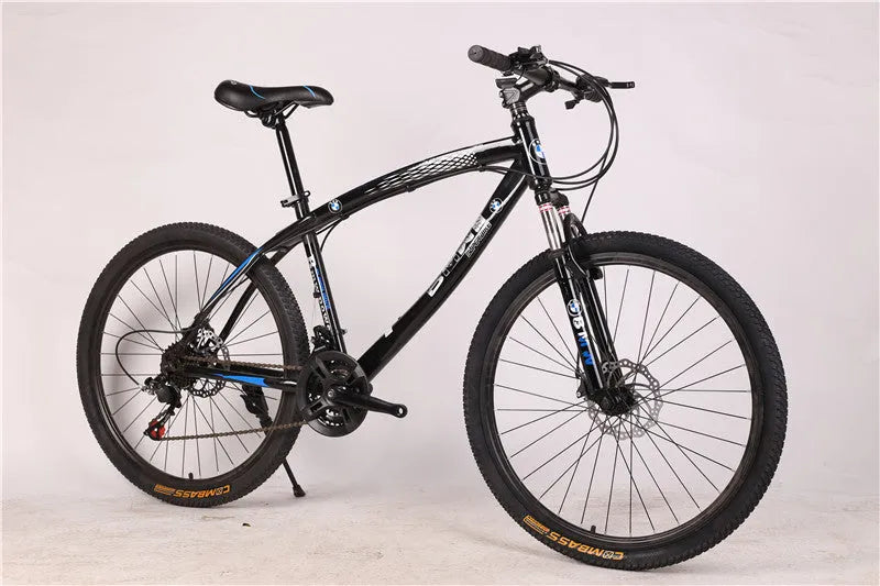 BMW cross country mountain bike with double disc brakes and high carbon steel frame