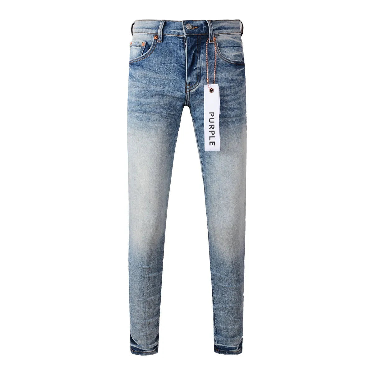 Men's blue denim pencil leg jeans with low waist and zipper fly on a person standing