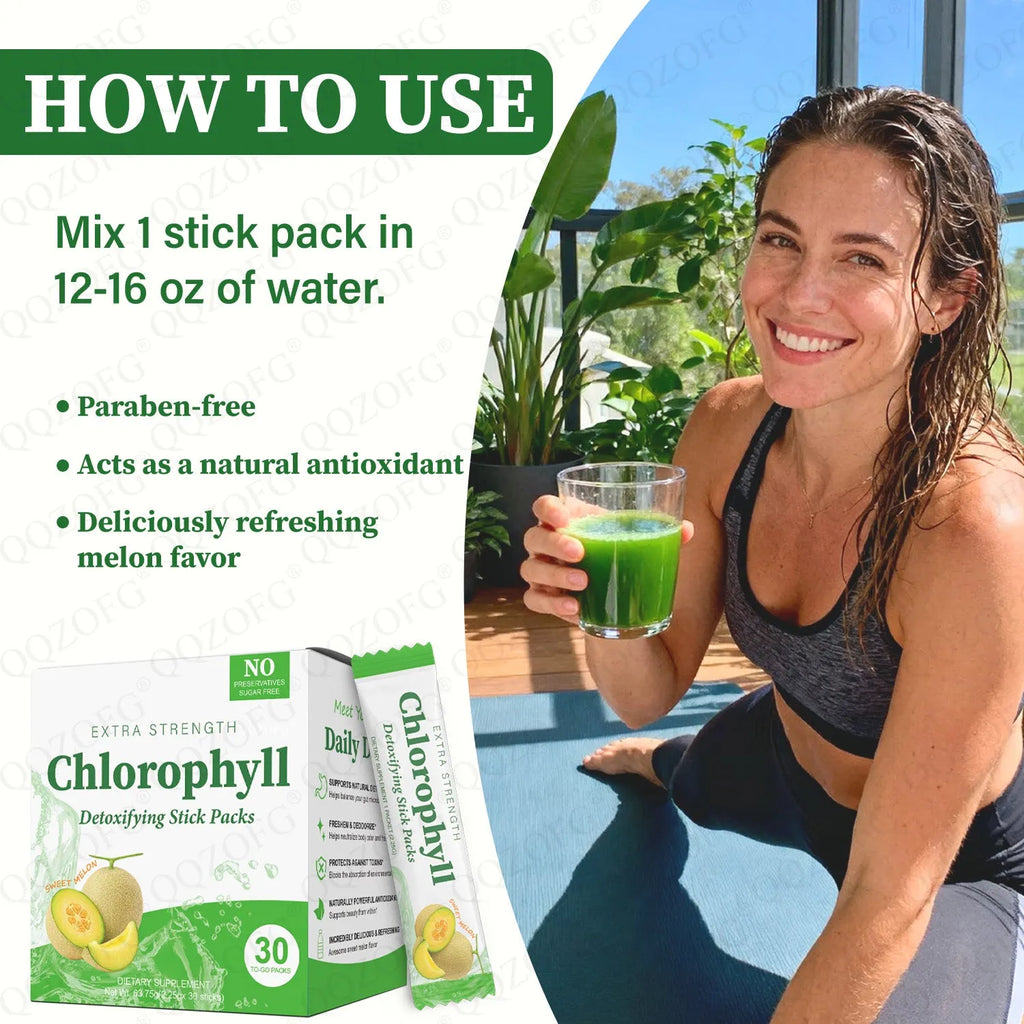 Chlorophyll stick pack supplement with sweet melon flavour, 30 sachets per box