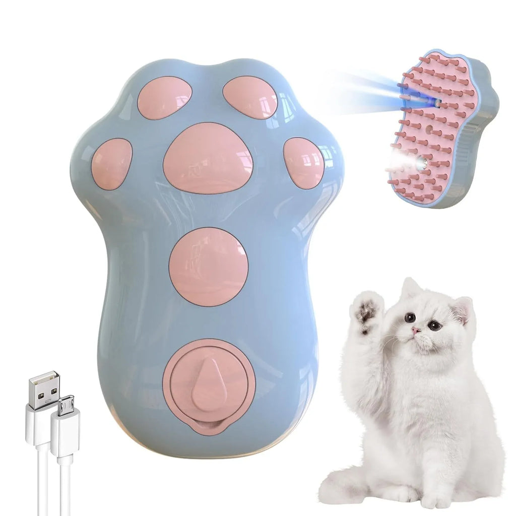 Blue self-cleaning cat steam brush with silicone bristles and release button for pet grooming
