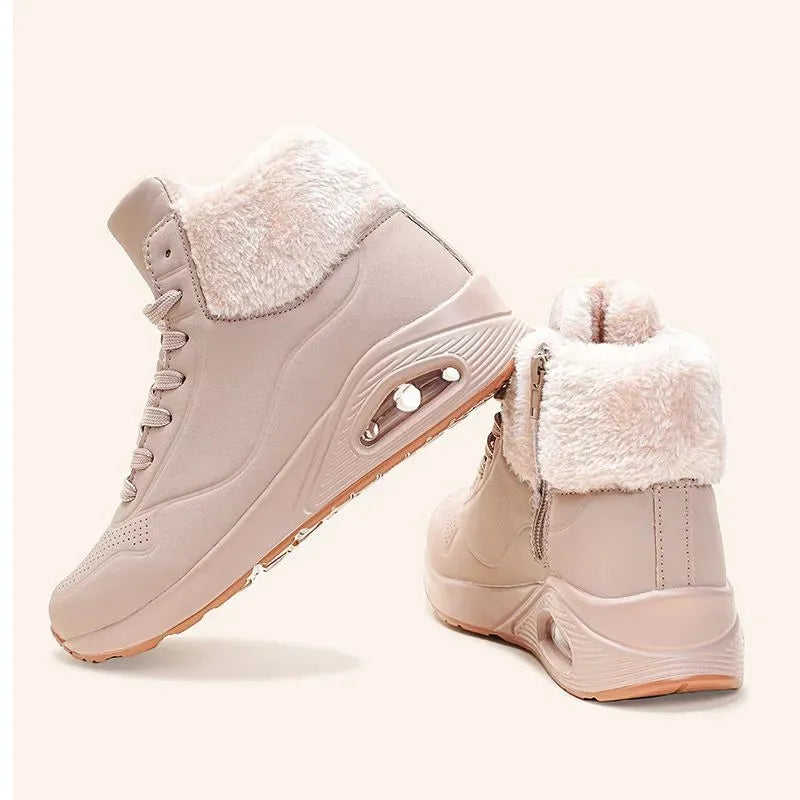 Women's fleece-lined snow boots with thick air-cushion sole, anti-slip design, mesh upper, front lacing, chain detail, low platform heel, in white, khaki, or black.