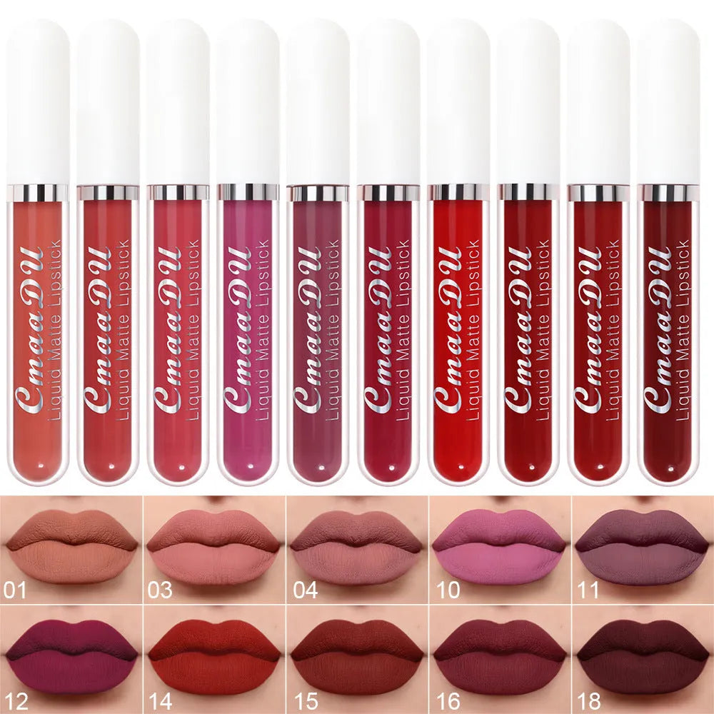 Ten pieces of matte long lasting waterproof lip gloss in assorted colours on a white background