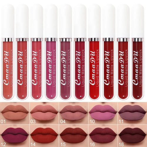 Ten pieces of matte long lasting waterproof lip gloss in assorted colours on a white background