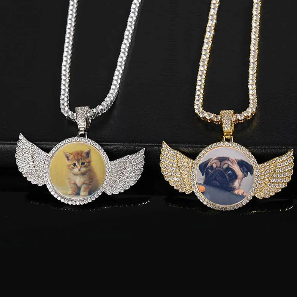 Custom photo angel wings pendant necklace, copper and zircon medallion 68mm x 53mm x 3mm with twist or tennis chain
