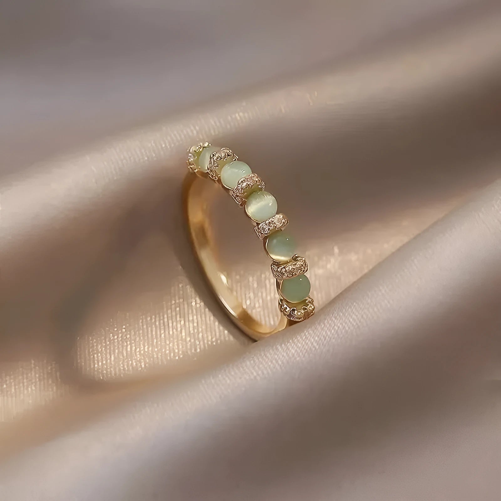 Geometric green cat eye ring for women in gold finish on copper base