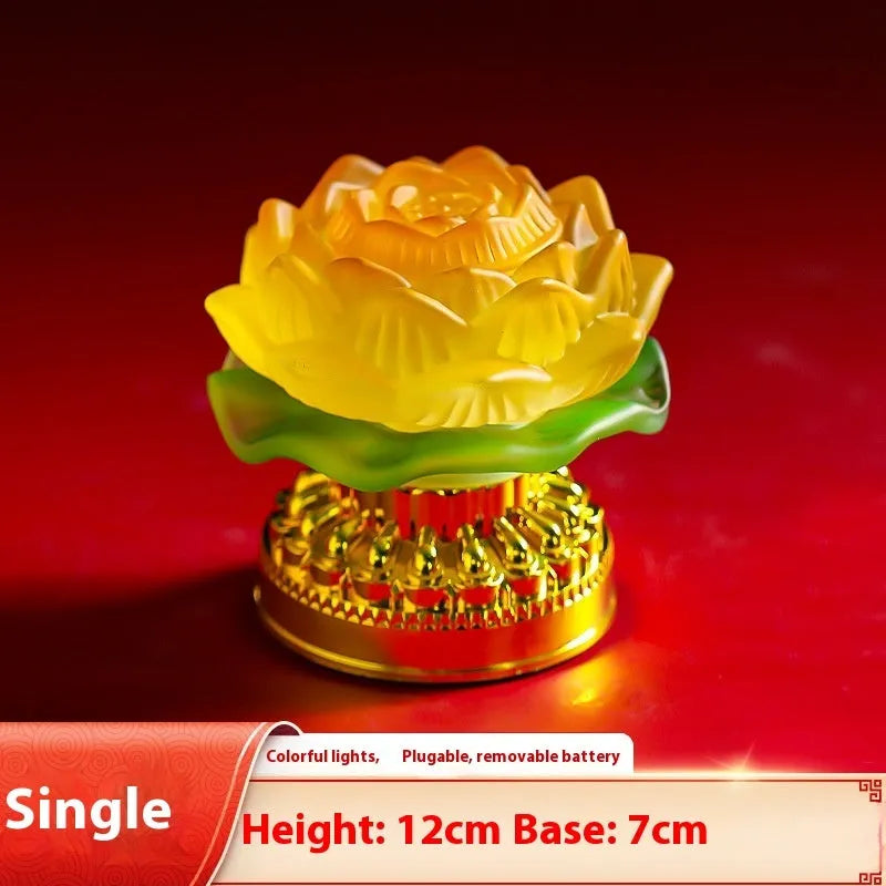 Yellow Chinese-style lotus table lamp made of ABS plastic, shown in bud and flowering styles.