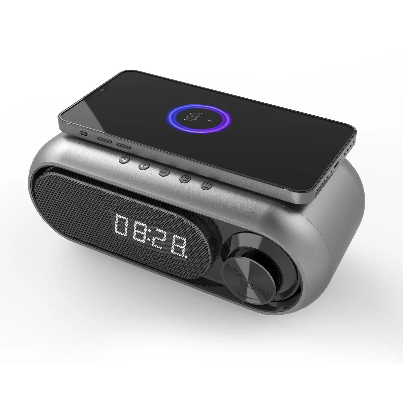 Space grey wireless charging alarm clock with Bluetooth speaker and digital display