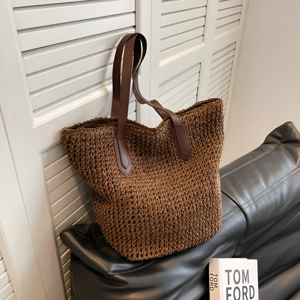 Woven paper straw shoulder bag square vertical with peach skin lining and double straps