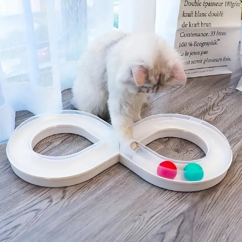 Blue and white cat turntable track ball toy set with teasing stick measuring 50cm long