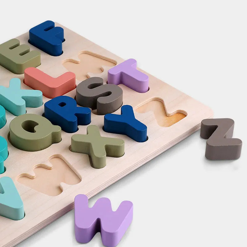 Children's wooden jigsaw puzzle macaron shape recognition board with grab pieces on a table