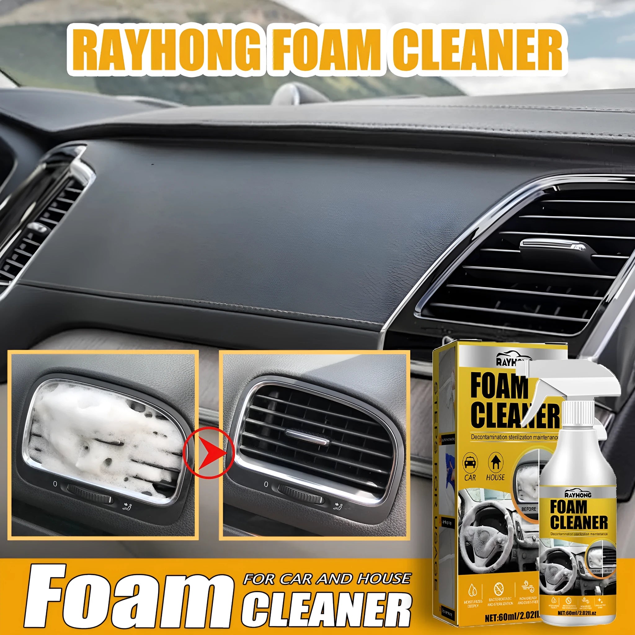 Car interior foamed cleaner kit showing 60ml container and 10x10cm sponge for wash-free cleaning