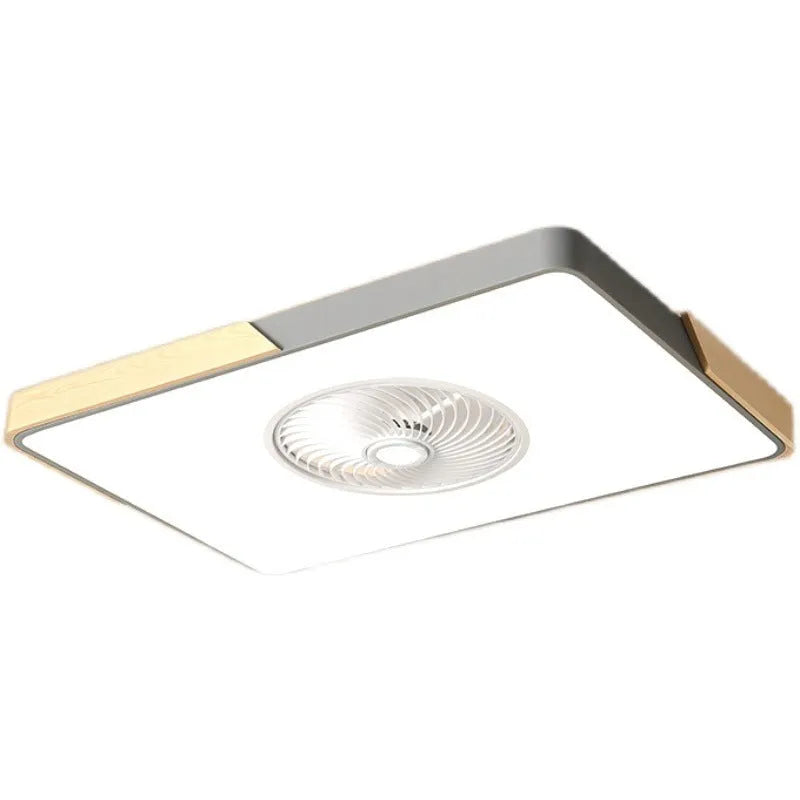 Nordic ceiling fan with integrated light fixture in solid wood, showing rectangular, round, and square shape options.