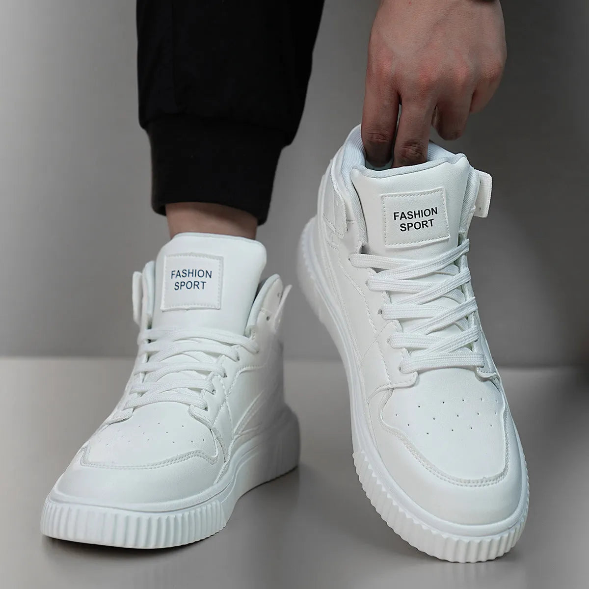Men's white microfiber casual shoes with round toe design for autumn winter wear