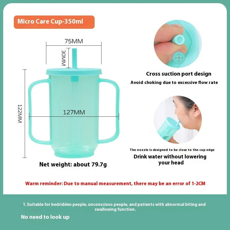 Adult oblique mouth choke proof bed drinking cup with handle and optional wrist splint.