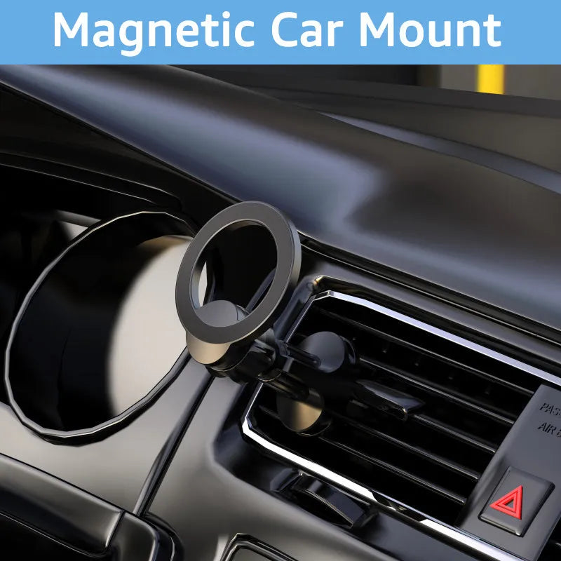 Black magnetic car phone holder mounted on vehicle air vent