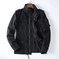 Men's loose-fit casual cotton jacket in light brown with zip front, shown on a model.