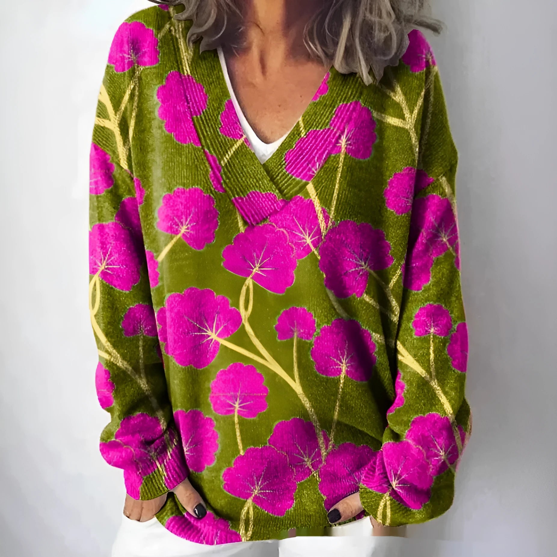 Women's v-neck long sleeve sweatshirt with a raised 3D floral pattern print in multiple colour options