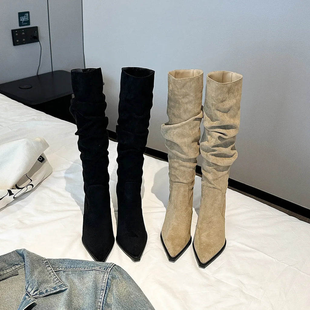 Women's pointed toe skinny boots below the knee in black artificial PU with side zipper and high heel