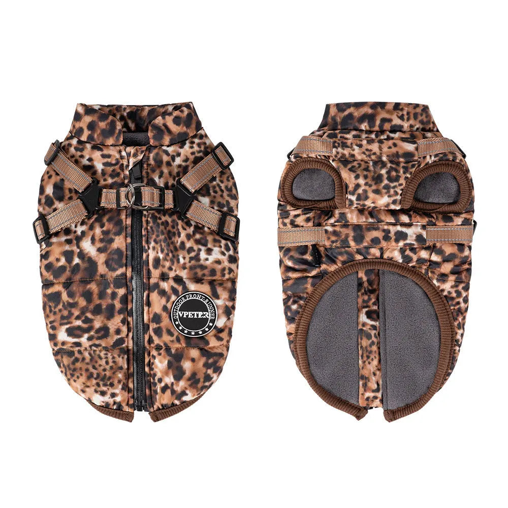 Leopard print pet top with integrated chest and back traction rope for dogs