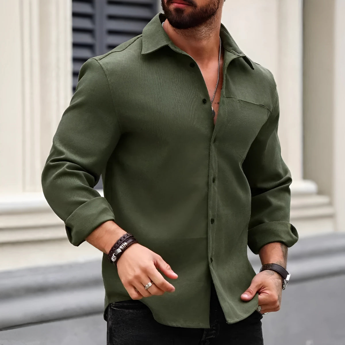 Men's long sleeve cotton shirt with chest pocket, single-breasted button front, in solid colour, sizes S to XXXL