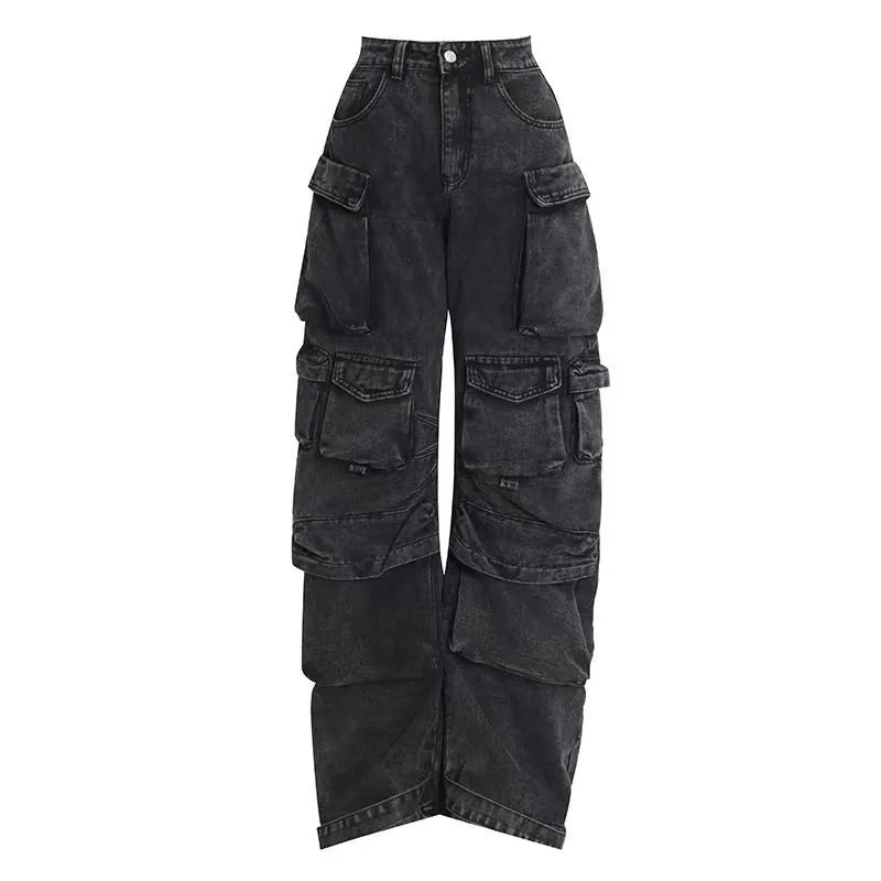 Women's tie-dyed high waist wide leg trousers with multiple pockets in denim fabric