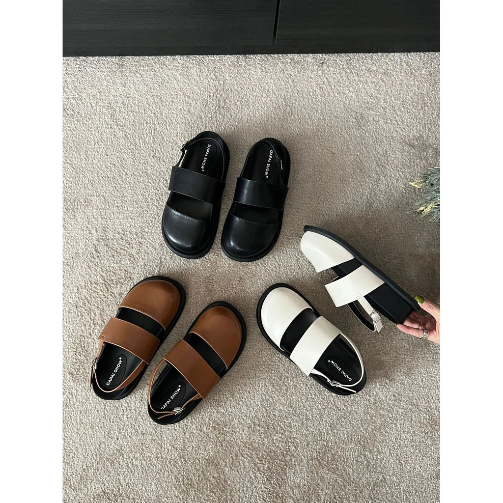 Retro Korean style sandals with an ankle-strap buckle, shown in apricot colour.
