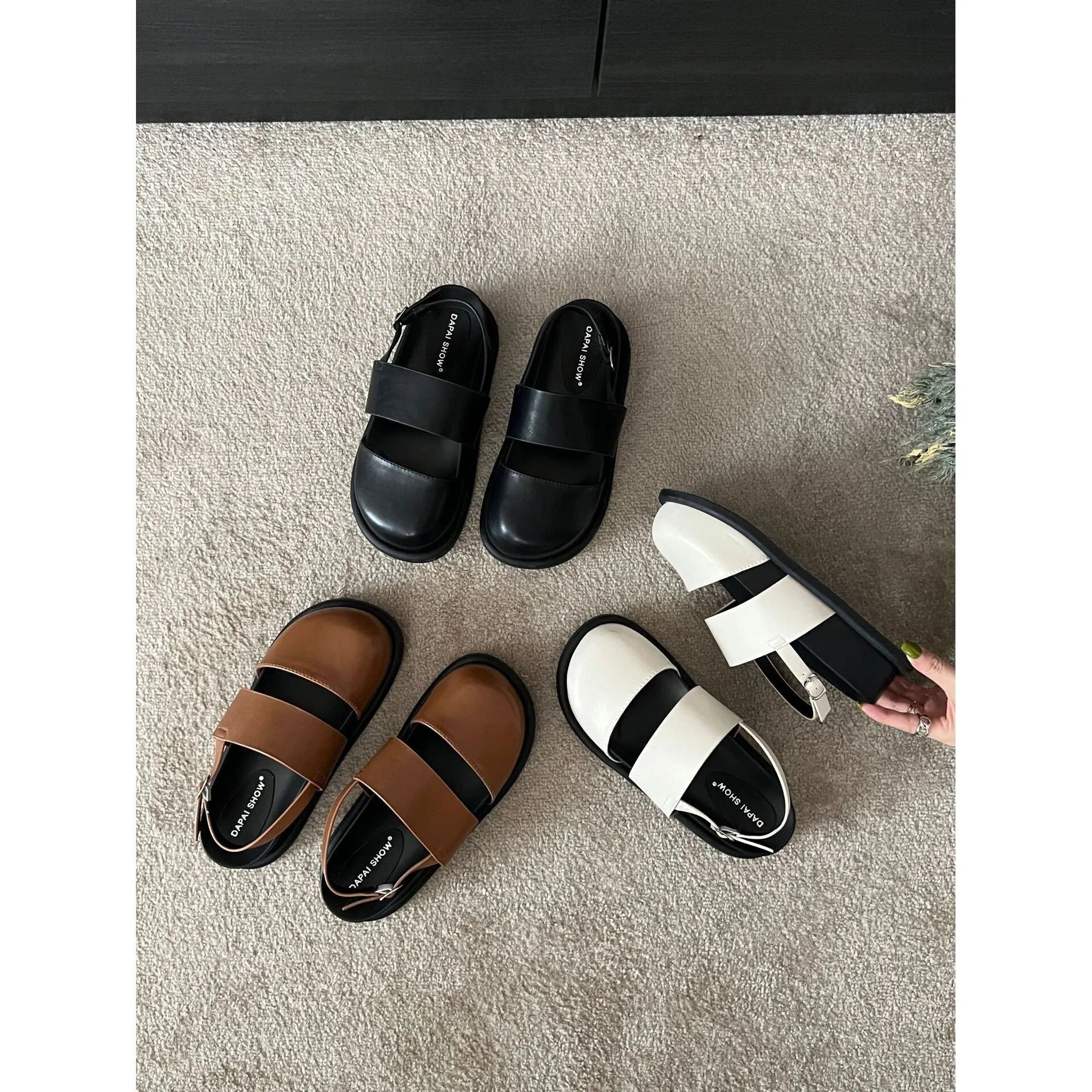 Retro Korean style sandals with an ankle-strap buckle, shown in apricot colour.