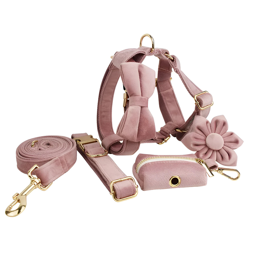 Light purple pink velvet dog collar and pet accessory set with multiple style options
