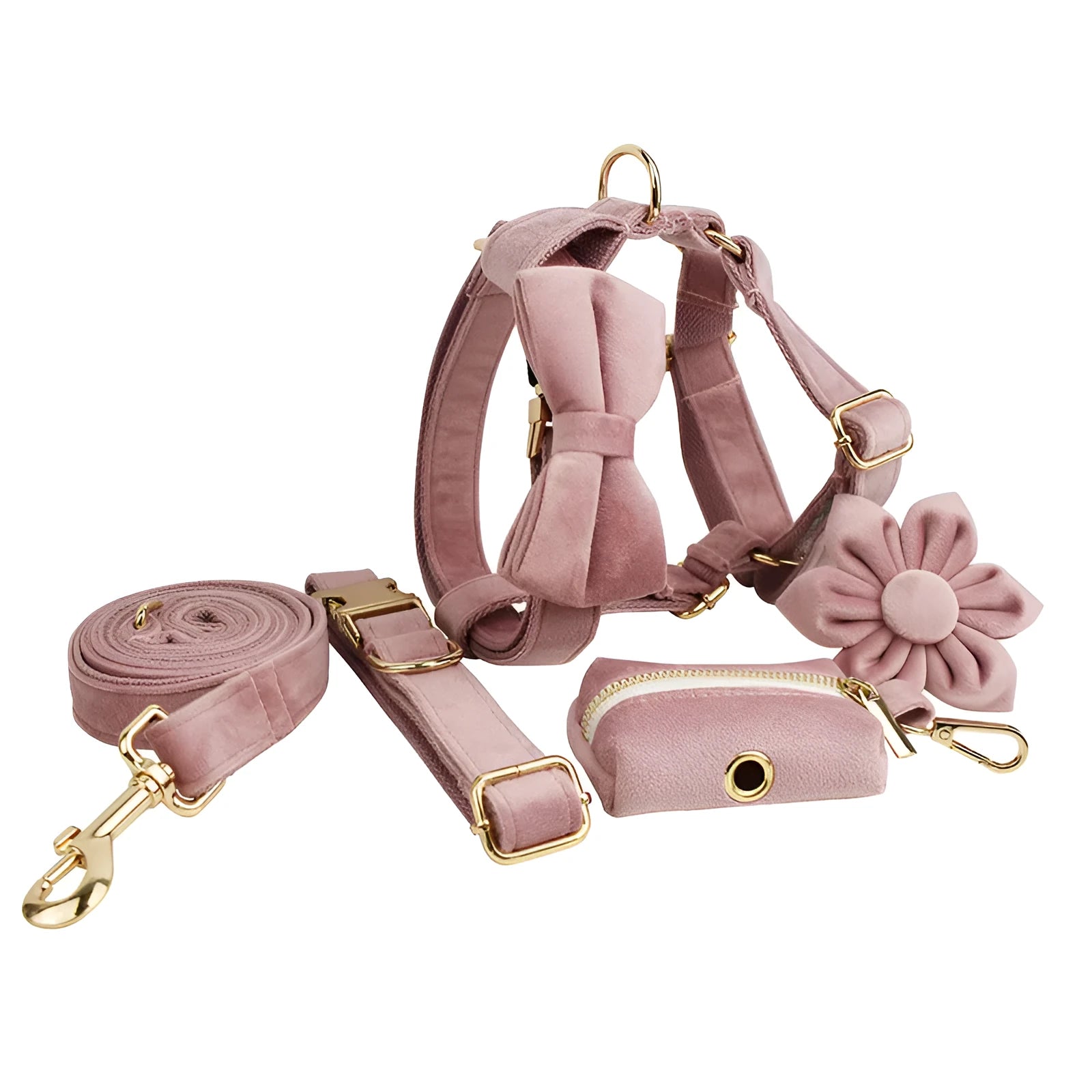 Light purple pink velvet dog collar and pet accessory set with multiple style options