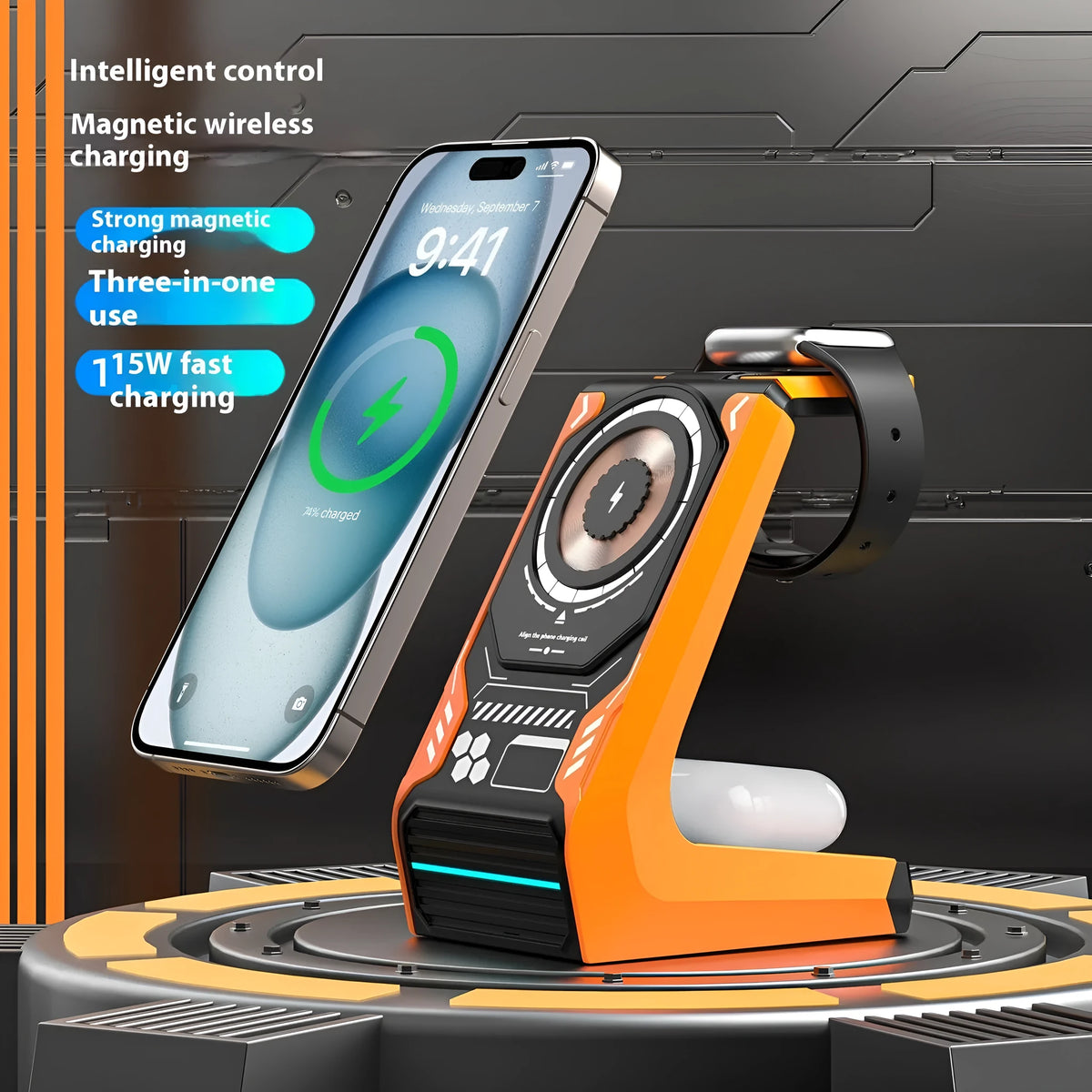 Magnetic three-in-one wireless charger stand in beige holding a phone watch and earbuds on a desk