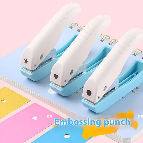 Manual embossing punching machine with heart, star, and small round 4mm and 6mm dies for paper crafts.