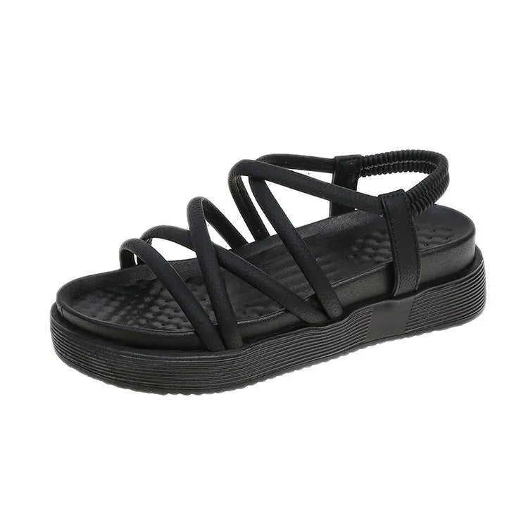 Women's black Roman platform sandals with round toe and slip-on sleeve design