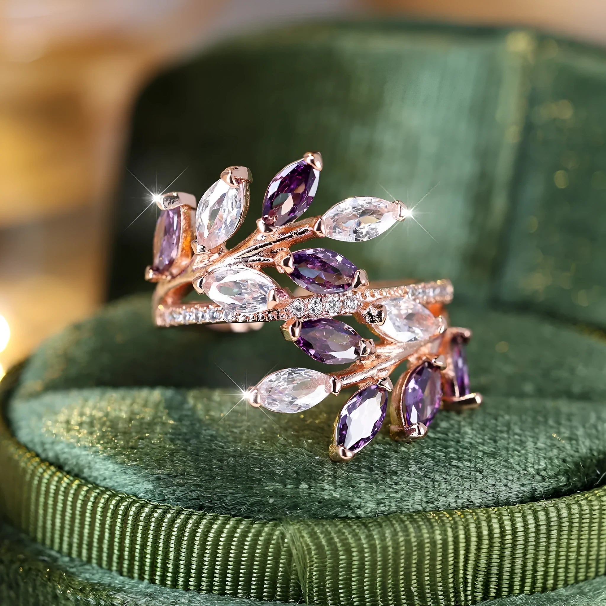 Adjustable copper leaf ring with a horse eye zircon stone in a choice of nine colour finishes.