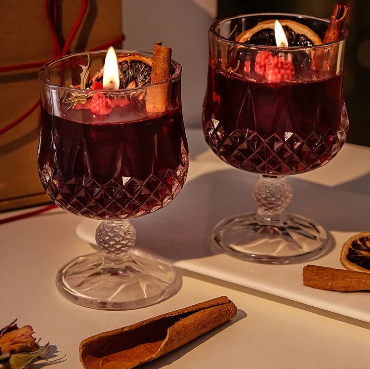 Clear glass goblet scented candle with French mulled wine style jelly wax