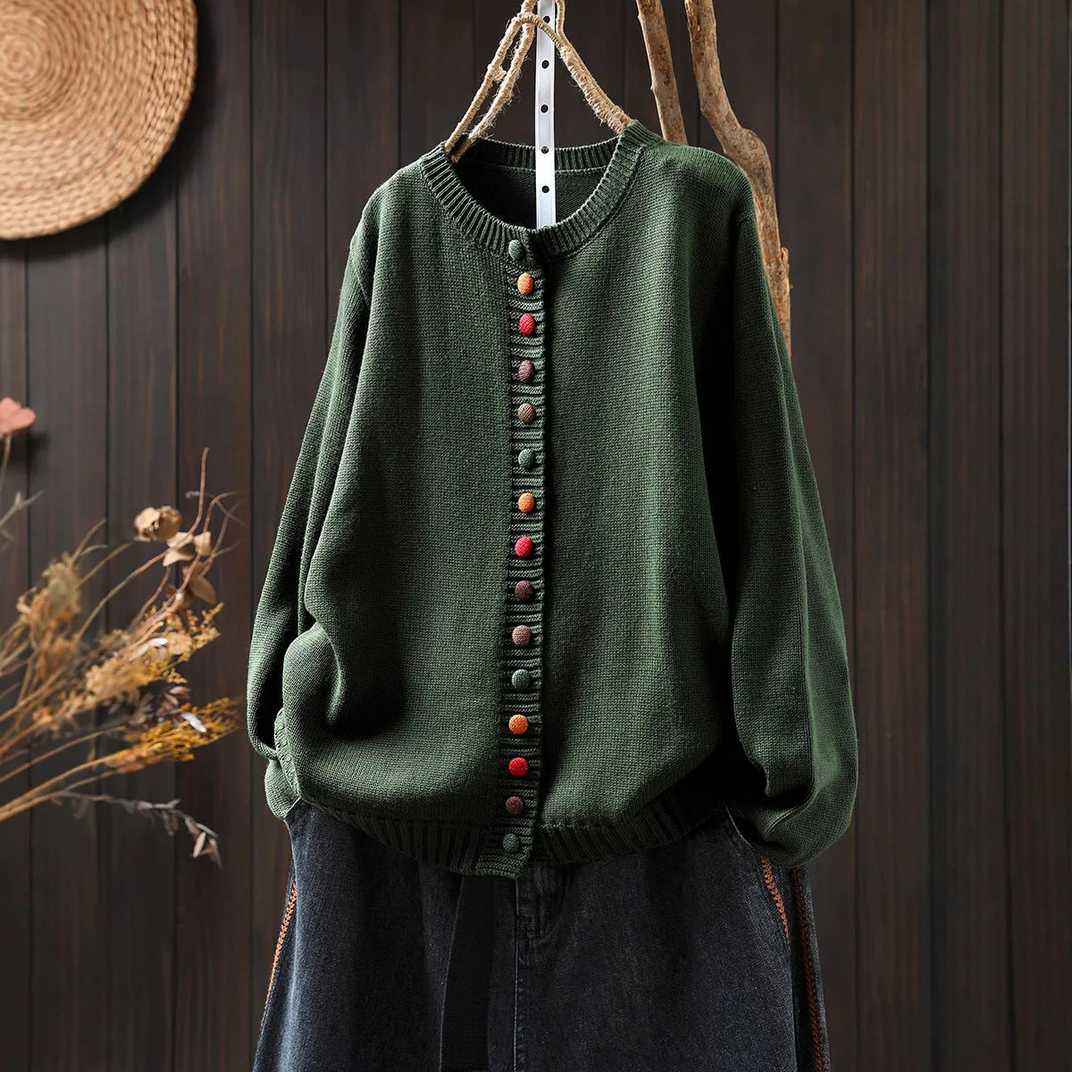 Women's colourful button loose-fit cardigan in light khaki with long sleeves, art retro style