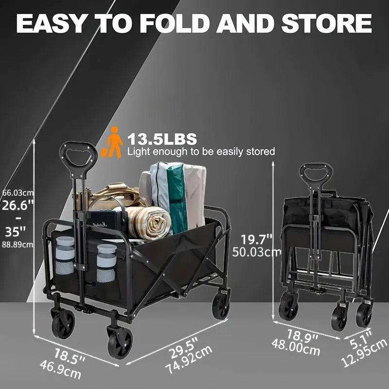 Collapsible foldable metal garden wagon cart with a 220lb load capacity shown in open and folded positions.
