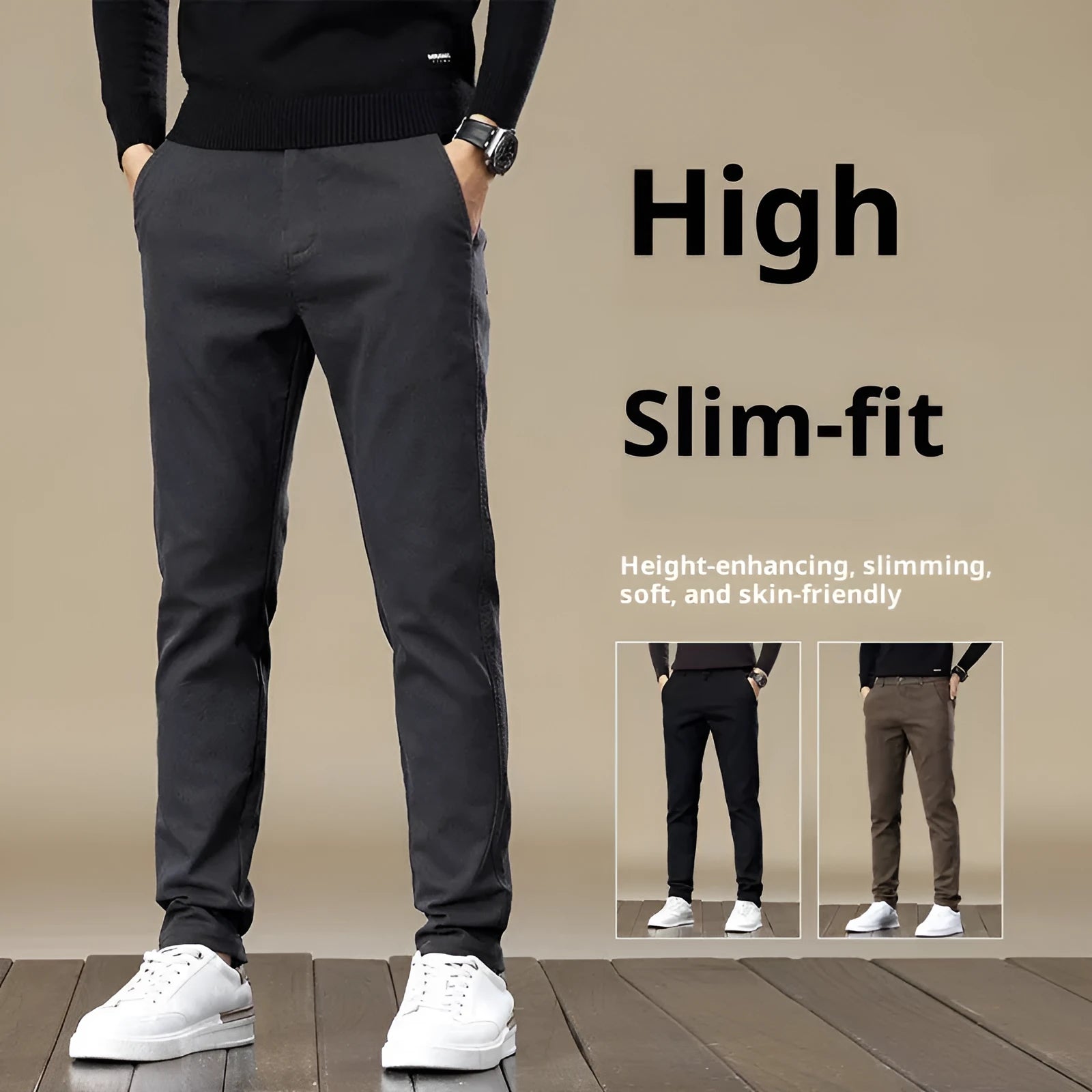 Men's fleece-lined slim fit tapered casual pants in black cotton fabric with straight leg