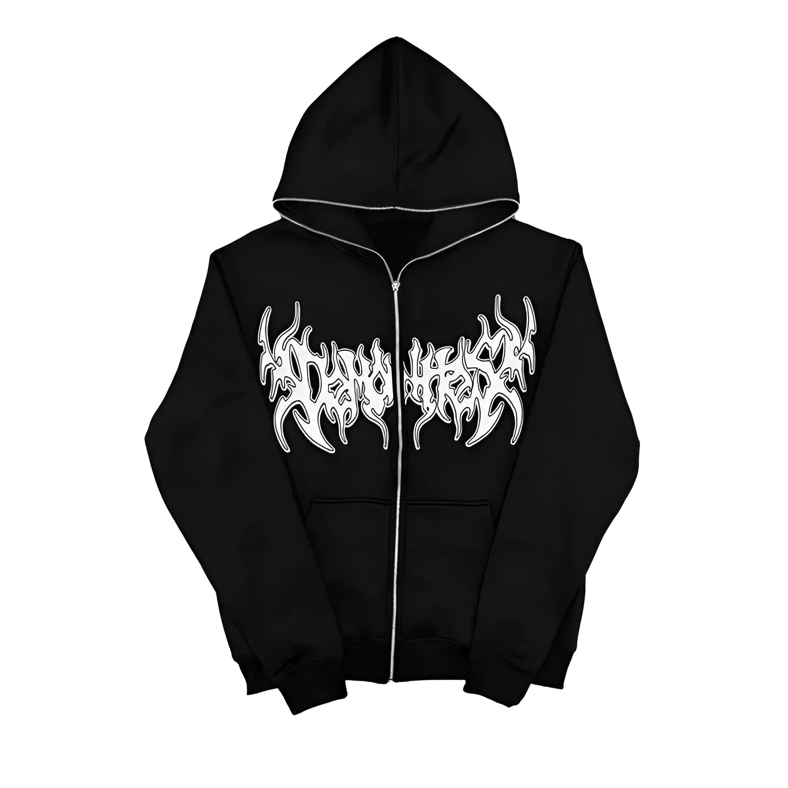 Women's personality printed full-zip hooded cardigan in black chenille-spandex fabric, loose fit