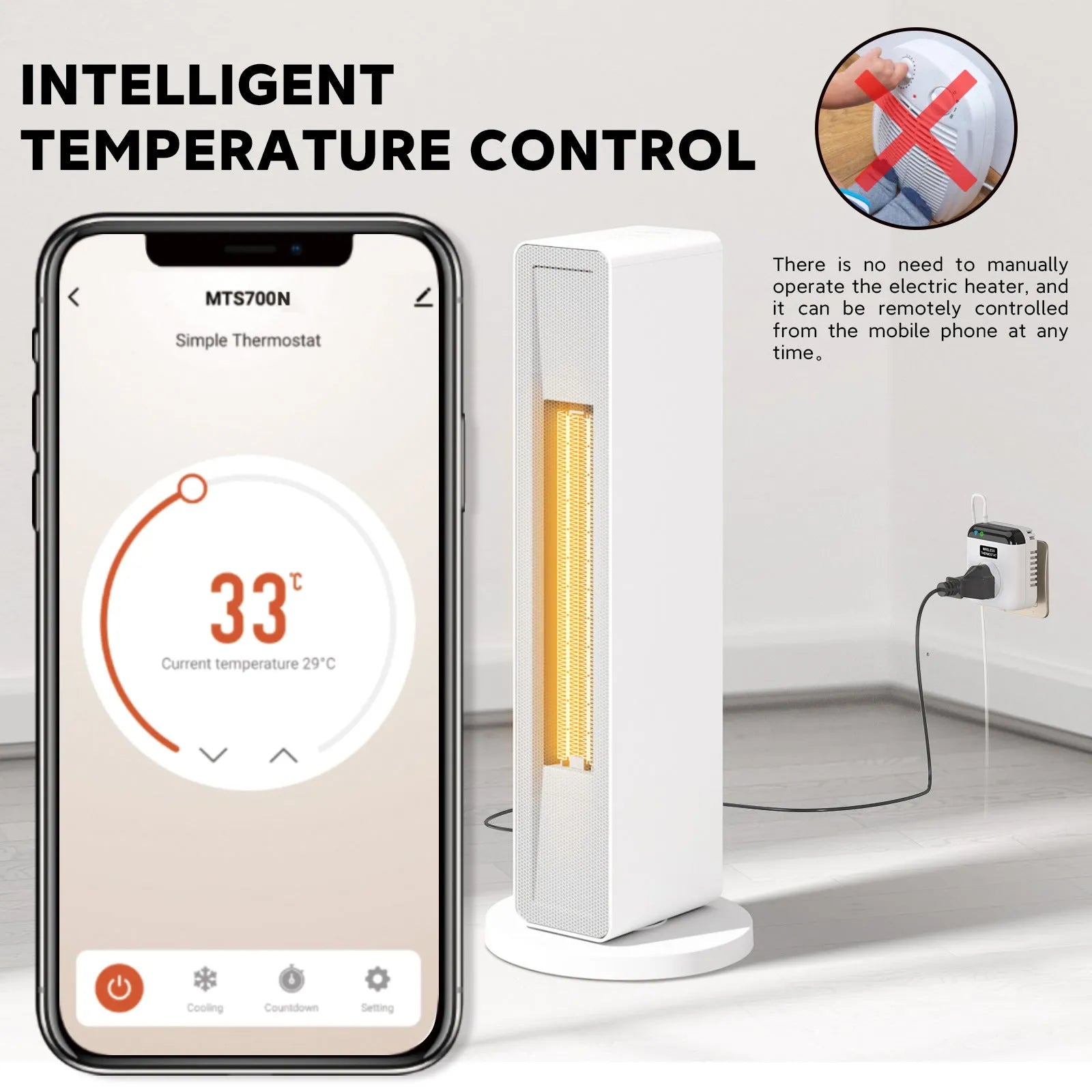 White smart socket with thermostatic remote and voice control, two EU plug outlets