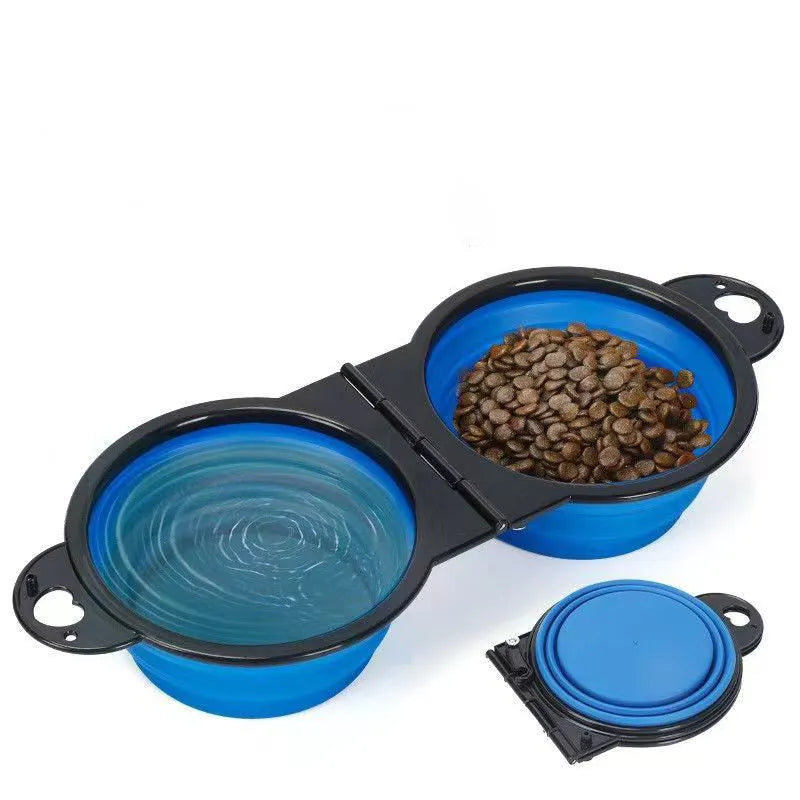 Blue folding silicone double pet bowl with non-slip base, shown open and collapsed flat.