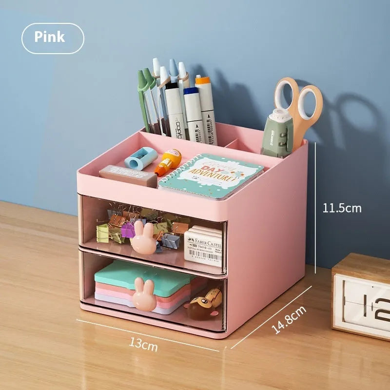 Transparent partitioned desktop storage box with drawer and internal grids in cherry blossom pink colour