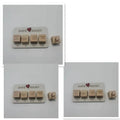 Wooden date night dice set with five natural wood dice on a rectangular planner board next to a black storage bag.
