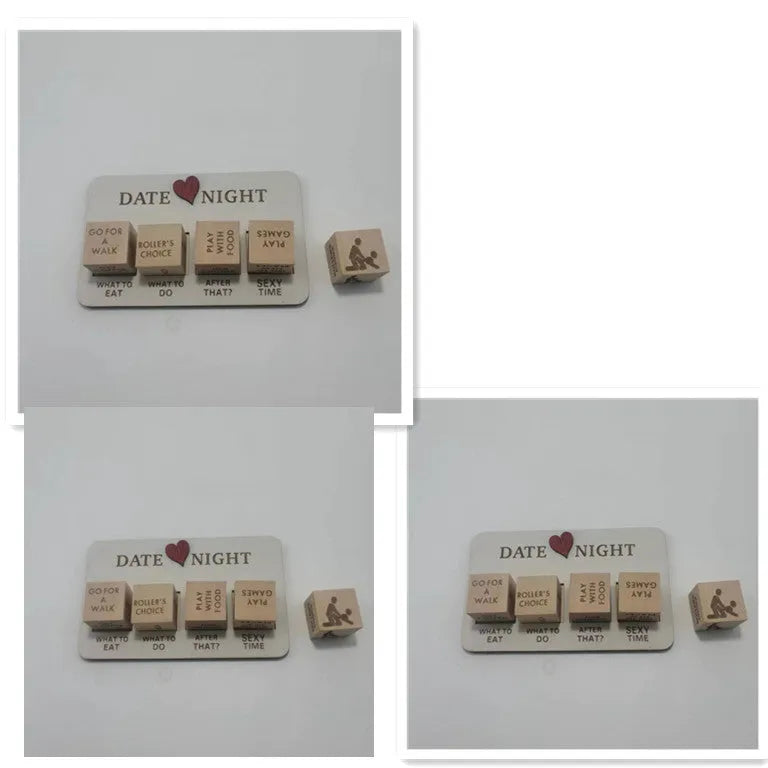 Wooden date night dice set with five natural wood dice on a rectangular planner board next to a black storage bag.