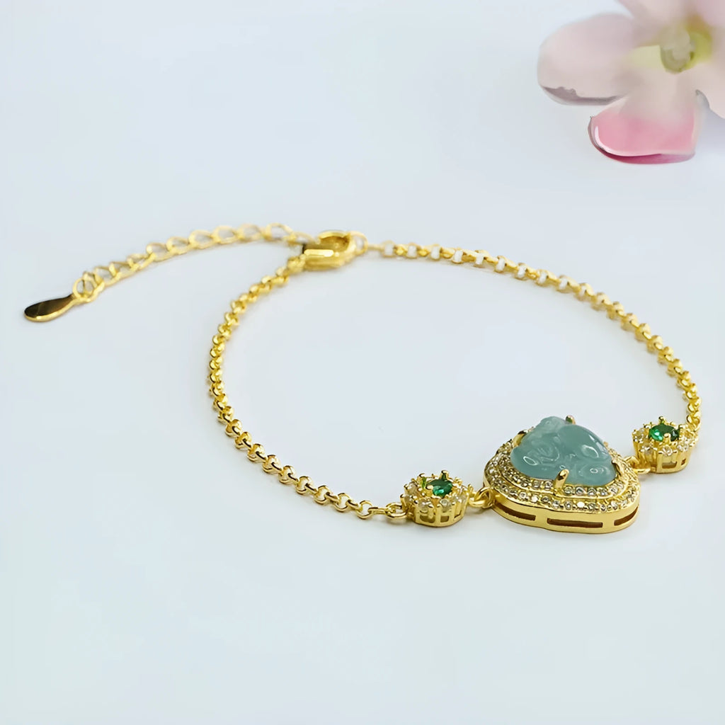Emerald blue jade bracelet with carved Maitreya Buddha, size 10x13mm