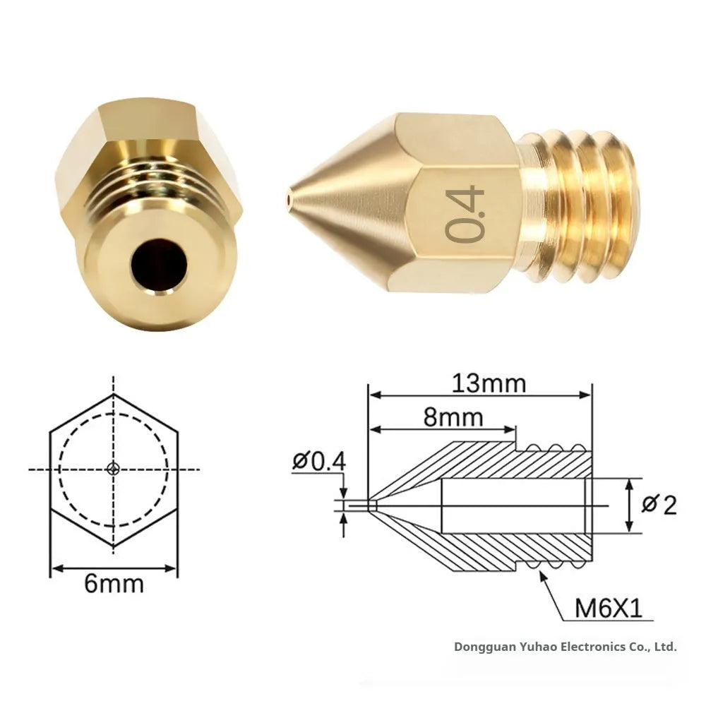 Brass MK8 nozzles and a stainless steel cleaning pin for 3D printer maintenance.